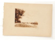  Dessin  Pont Fleuve Berge  Verdure Signé M. S. d'époque XXème