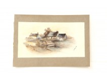  Dessin Aquarellé Ensemble de Maison Campagne non signé d'époque XIXème