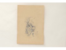Dessin Lavis Bleu Enfant Fagot de Bois non signé d'époque XIXème