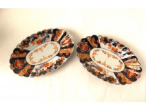 Paire Plats Imari Japon Porcelaine Fleurs Arbres Feuillages d'époque XIXème