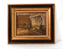 HST marouflé J.Ramaugé cheminée cuisine chat bretagne antique french XXème
