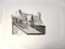 Dessin fusain crayon maison toits chemin des douves Touzé painting XXème