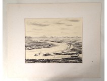 Dessin fusain crayon marée huitres moules Golfe Morbihan Touzé painting XXè