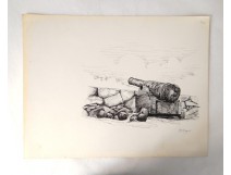 Dessin encre canon fort Golfe Morbihan Touzé painting XXème siècle