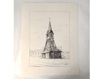 Dessin encre église Morbihan Touzé painting XXème siècle