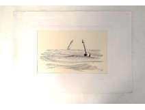 Dessin paysage marine bateau Golfe Morbihan Bretagne bouée Touzé XXème