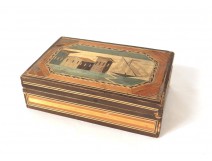 Coffret boîte marqueterie paille bateau port Romantique XIXème siècle