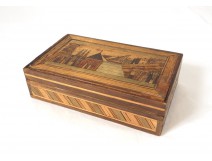 Coffret boîte marqueterie paille bateau port Romantique XIXème siècle