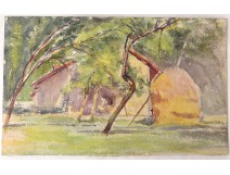 Aquarelle paysage ferme champêtre XXème école arts décoratifs watercolor