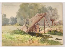 Aquarelle paysage appenti campagne XXème école arts décoratifs watercolor