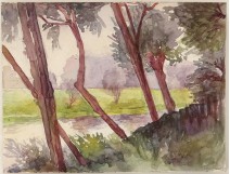 Aquarelle paysage forêt ruisseau école arts décoratifs watercolor XXème 