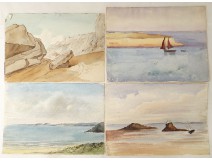 Lot 4 aquarelles paysages marins voiliers dunes école arts décoratifs XXème