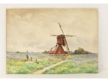 Aquarelle moulin champs nature paysage école arts décoratifs XXème