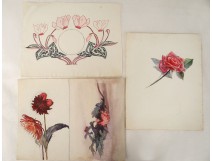 Lot 3 aquarelles fleurs rose ébauches école arts décoratifs XXème
