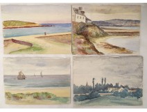 Lot 4 aquarelles bord de mer village voilier école arts décoratifs XXème