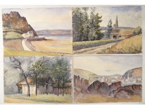 Lot 4 aquarelles paysage mer forêt village école arts décoratifs XXème