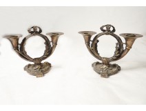 Paire candélabres flambeaux cor chasse noeud bronze XIXème siècle