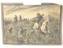 Peinture scène chasse chevaux chiens cosaques hommage Casimir Héllé XXème