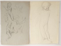  Lot 2 dessins esquisses enfants mouvement école arts décoratifs XXème siècle