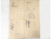 Lot 10 dessins temples monument Inde école arts décoratifs XXème siècle