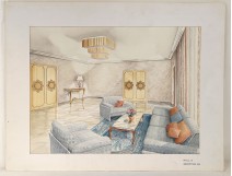 Aquarelle salon hall décoration architecture d'intérieur 1950 XXème