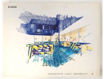 Aquarelle salle restaurant décoration architecture d'intérieur vintage XXè