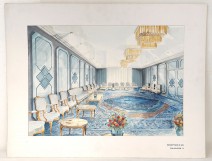 Aquarelle salle réception décoration architecture d'intérieur 1950 XXème