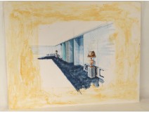 Aquarelle hall d'attente couloir décoration architecture d'intérieur XXème